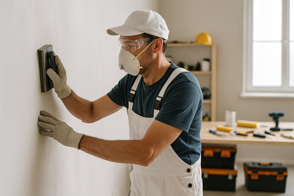 Professional painter preparing a wall surface before painting to prevent blistering and peeling
