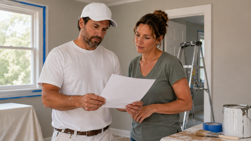 Hiring a House Painting Contractor: What You Should Know 2 Painting contractor reviewing a written quote with a homeowner for house painting