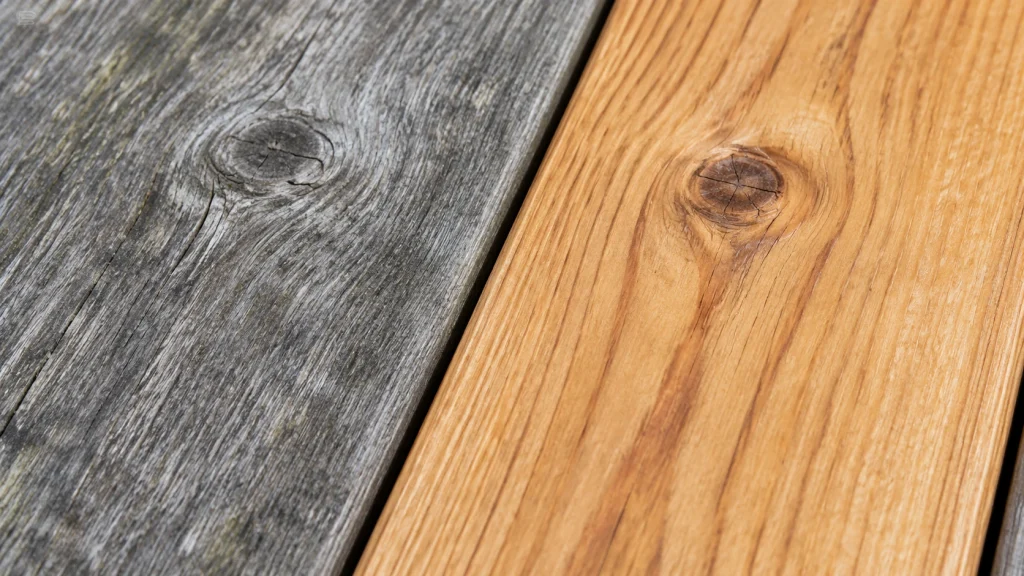 Close-up of a wood deck board comparing weathered gray wood with freshly cleaned wood - deck staining